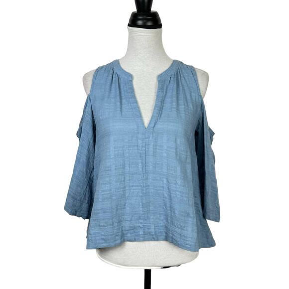 BCBGMaxazria | Elin Blue Cold Shoulder Textured Cotton Relaxed Fit Top - Picture 3 of 11